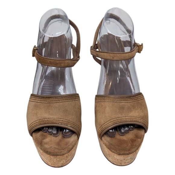 Gucci Platform Cork Heel Sandals Womens Tan Suede Leather Buckle 5" EU 39 US 9 - Picture 10 of 16